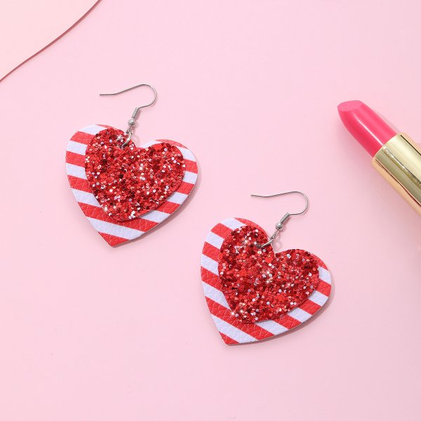 Valentine's Day Heart Shape Red And White Striped Sequined Leather Earrings