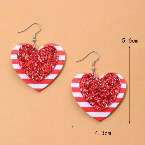 Valentine's Day Heart Shape Red And White Striped Sequined Leather Earrings