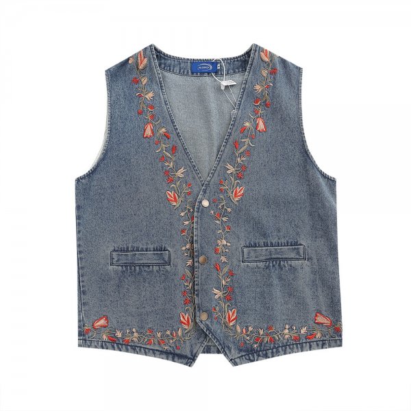 Floral Embroidery Casual Denim Vest